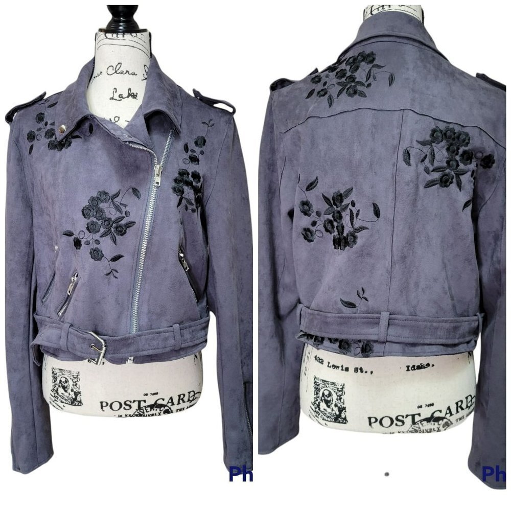 POL Floral Embroidered Vegan Suede Crop Moto Gray Jacket - Size Large
